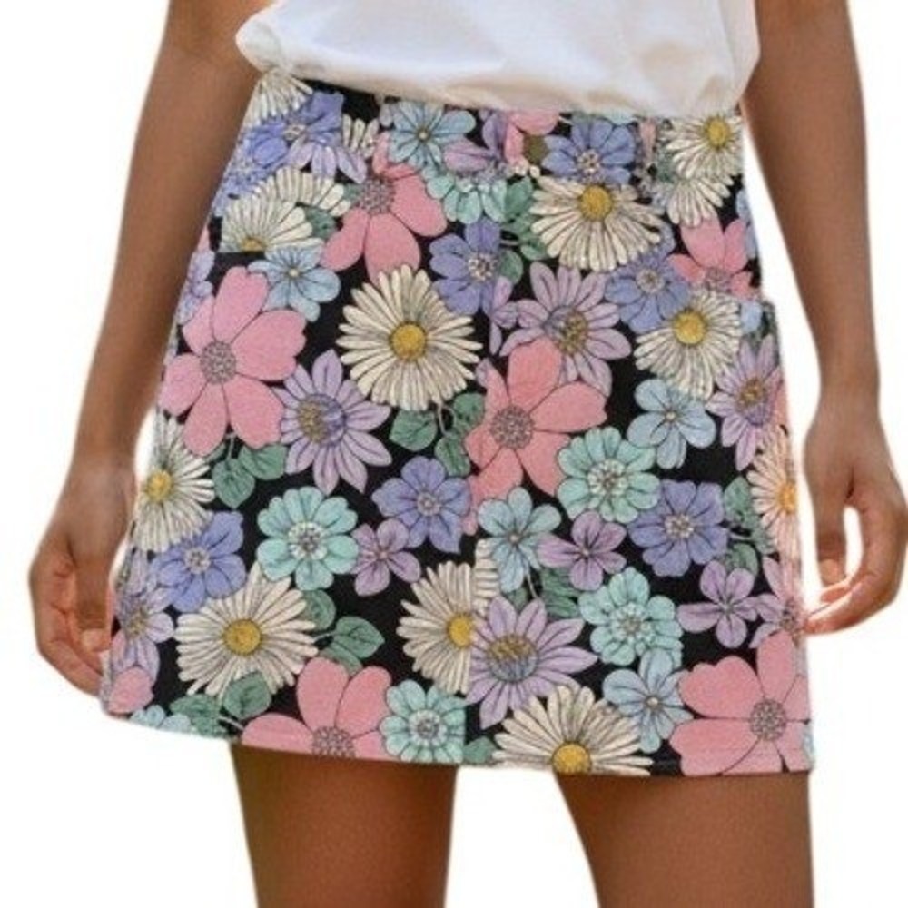 🆕 STORIA Retro Daisey Floral Print Denim Mini Skirt EUC Size Medium